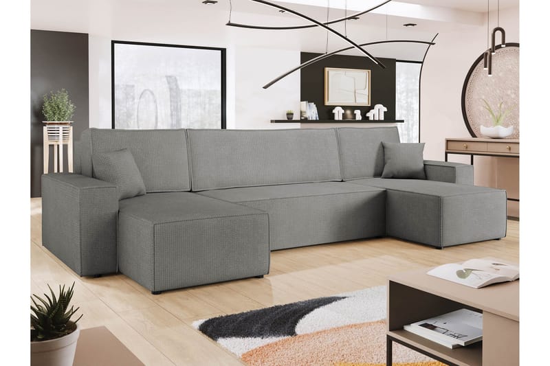 Hobson Sovesofa med Dobbelt Chaiselong 4-personers i Plys - Grå - Møbler - Sofaer - Sovesofaer