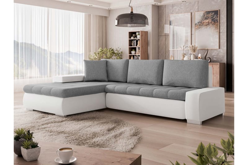 Irja Sovesofa med Chaiselong 3-personers i Kunstlæder - Hvid / Grå - Møbler - Sofaer - Sovesofaer