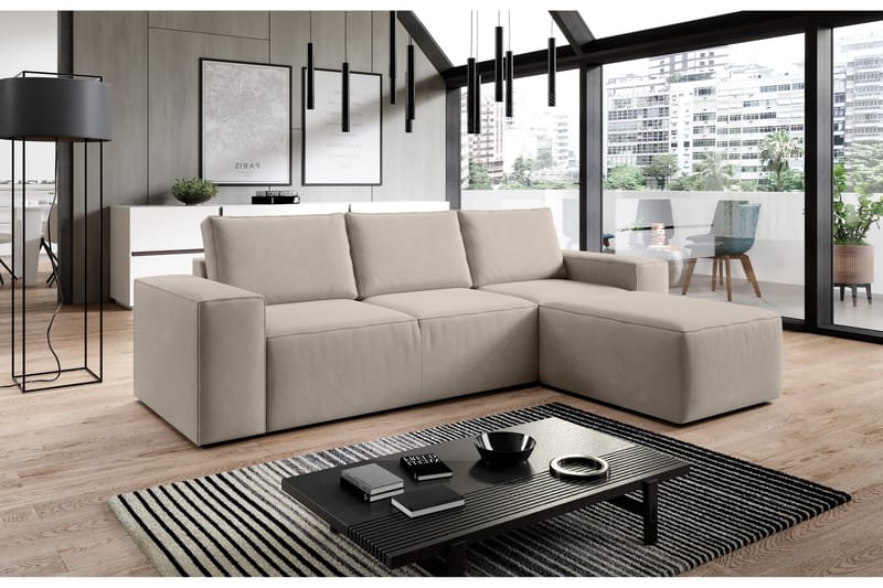 Kamli Sovesofa m. Chaiselong med Opbevaring - Beige - Sovesofaer - Sovesofa chaiselong