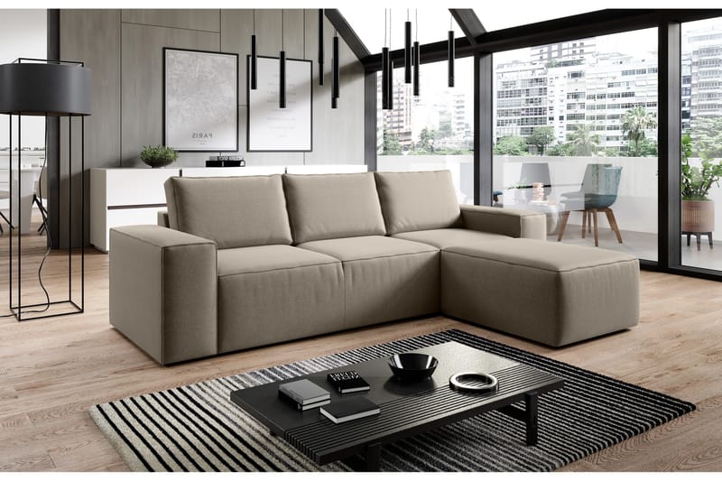 Kamli Sovesofa m. Chaiselong med Opbevaring - Beige - Sovesofaer - Sovesofa chaiselong