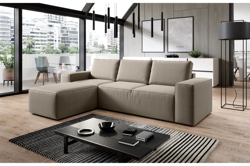 Kamli Sovesofa m. Chaiselong med Opbevaring - Beige - Sovesofaer - Sovesofa chaiselong