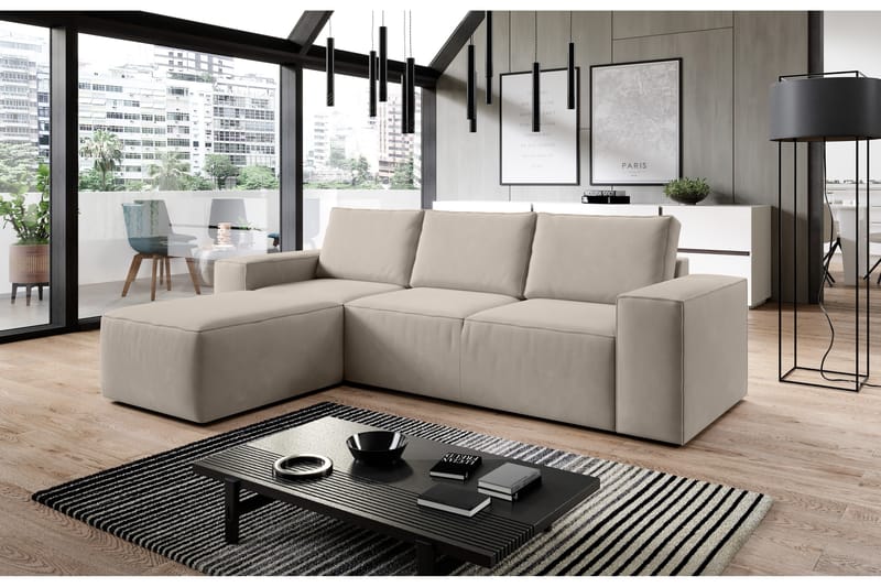 Kamli Sovesofa m. Chaiselong med Opbevaring - Beige - Sovesofaer - Sovesofa chaiselong