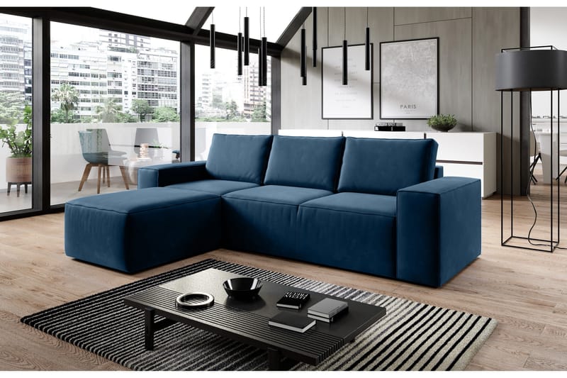 Kamli Sovesofa m. Chaiselong med Opbevaring - Blå - Møbler - Sofaer - Sovesofaer