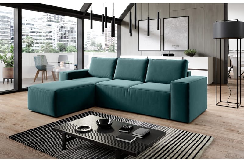 Kamli Sovesofa m. Chaiselong med Opbevaring - Blå - Møbler - Sofaer - Sovesofaer