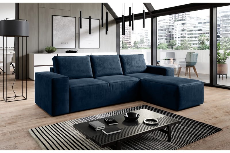 Kamli Sovesofa m. Chaiselong med Opbevaring - Blå - Møbler - Sofaer - Sovesofaer
