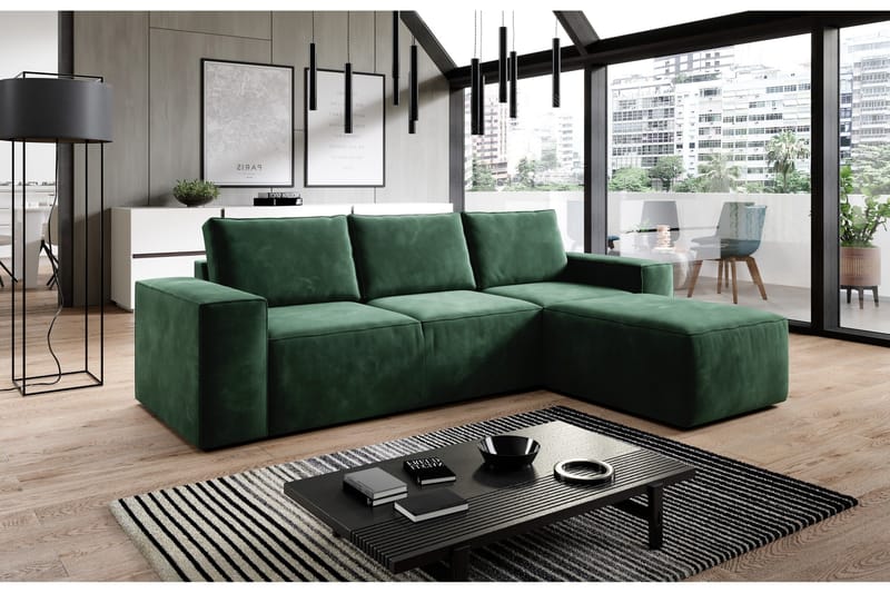 Kamli Sovesofa m. Chaiselong med Opbevaring, Grøn