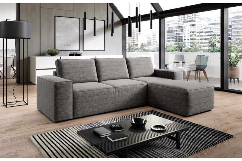 Kamli Sovesofa m. Chaiselong med Opbevaring, Lysegrå