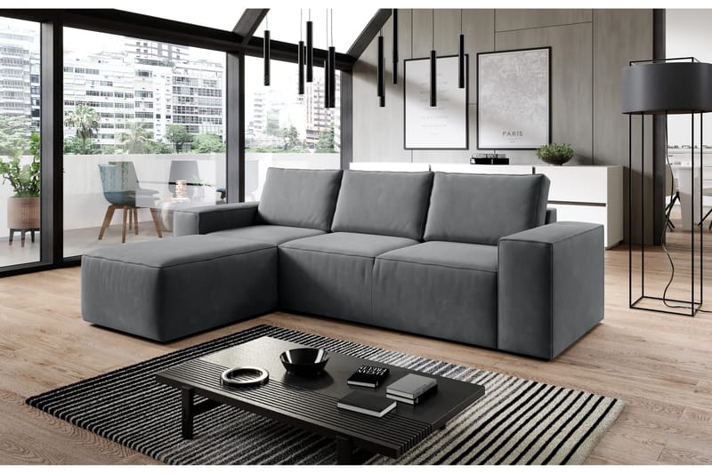 Kamli Sovesofa m. Chaiselong med Opbevaring - Mørkegrå - Møbler - Sofaer - Sovesofaer