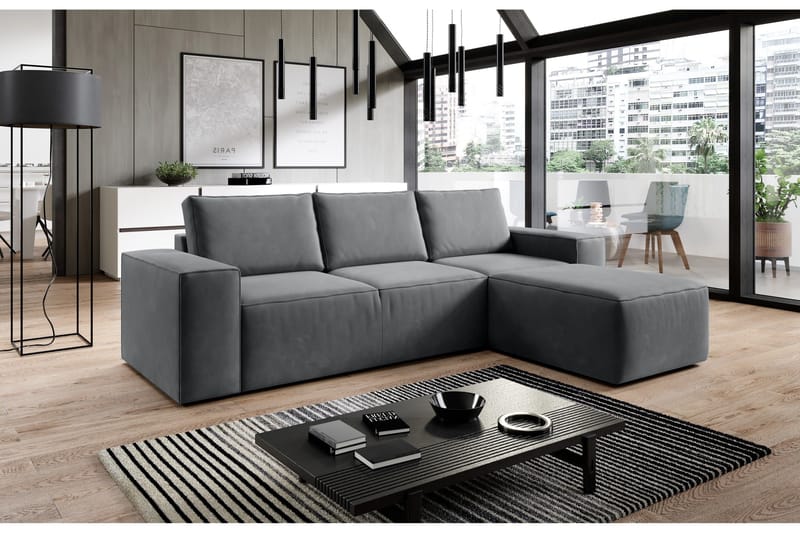 Kamli Sovesofa m. Chaiselong med Opbevaring, Mørkegrå