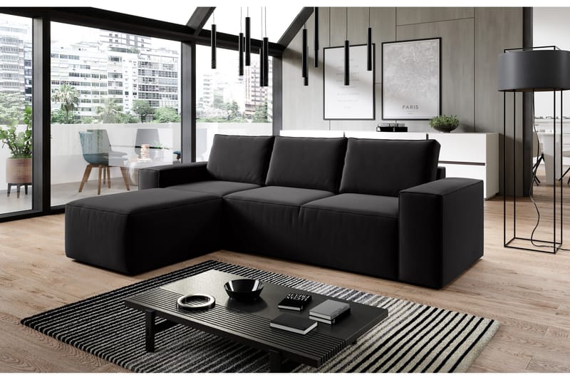 Kamli Sovesofa m. Chaiselong med Opbevaring - Sort - Møbler - Sofaer - Sovesofaer