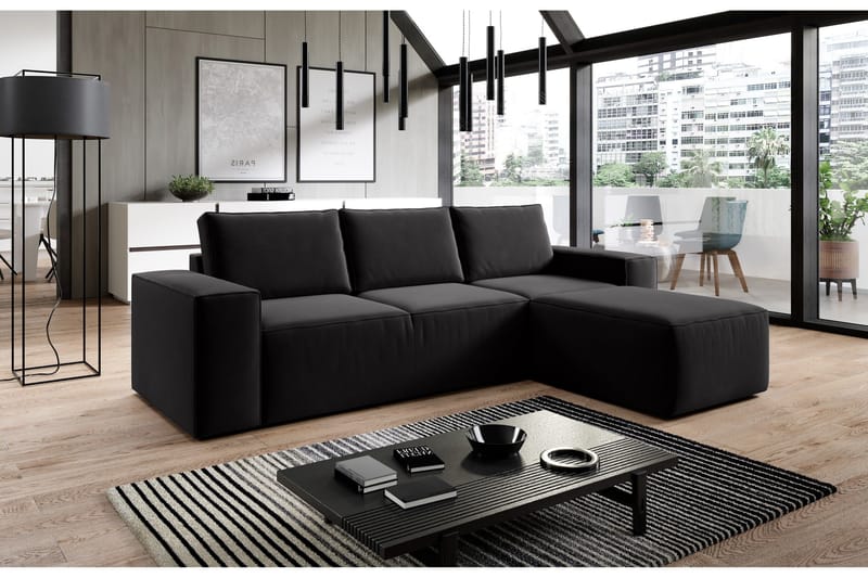 Kamli Sovesofa m. Chaiselong med Opbevaring, Sort
