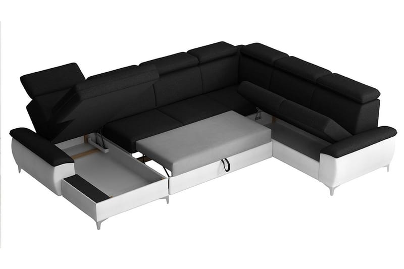 Karkula Højre Hjørnesovesofa Udtrækkelig 128x275 cm med Opbevaring i Stof - Hvid|Sort - Møbler - Sofaer - Sovesofaer