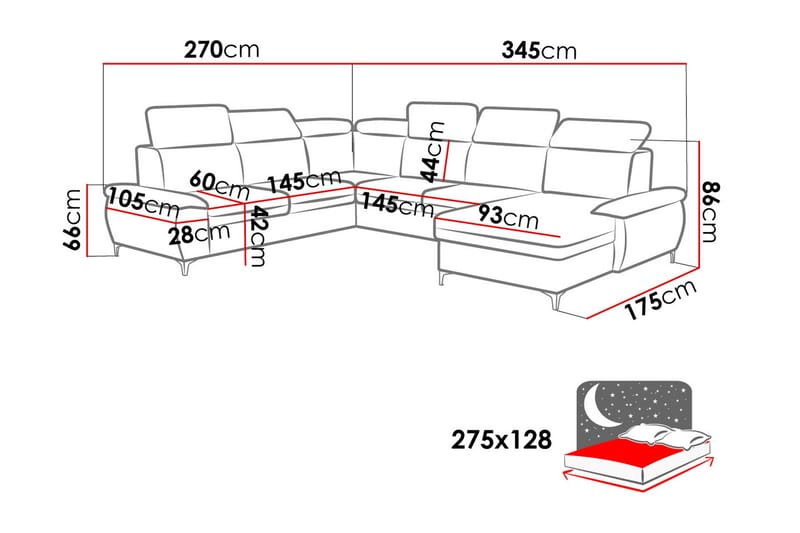 Karkula Højre Hjørnesovesofa Udtrækkelig 128x275 cm med Opbevaring i Stof - Hvid|Sort - Møbler - Sofaer - Sovesofaer