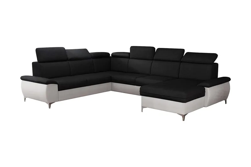 Karkula Højre Hjørnesovesofa Udtrækkelig 128x275 cm med Opbevaring i Stof, Hvid|Sort