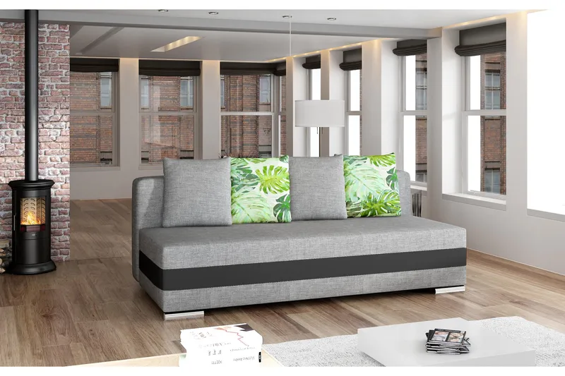 Karolez 3-personers Rektangulær Sovesofa med Bladmønstrede Puder i Stof, Lysegrå