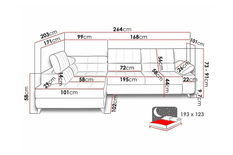 Kintore 3-pers. Hjørnesovesofa - Rød - Møbler - Sofaer - Sovesofaer
