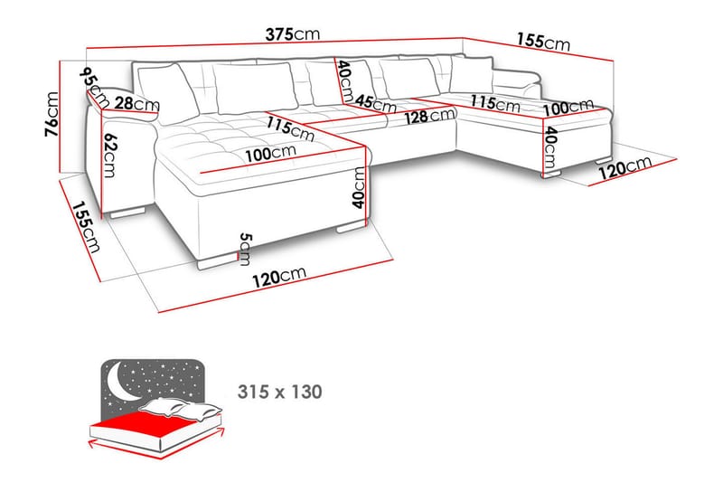 Kinzer Sovesofa Dobbelt Chaiselong 4-Pers. 315x130 cm U-form - Sort - Sovesofaer - U sovesofa - Sovesofa chaiselong