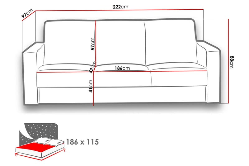 Kold sovesofa 222x97x88 cm - Sovesofaer - Lædersofaer - 3 personers sovesofa