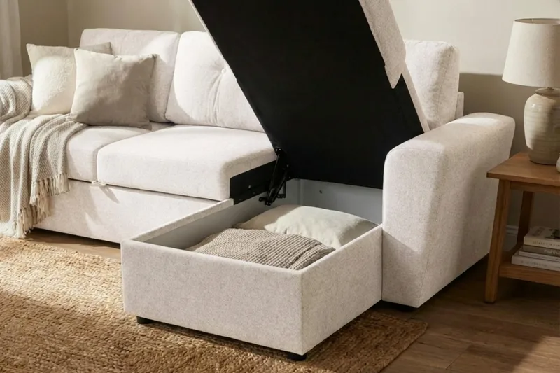 Leia 3-personers vendbar sovesofa med chaiselong og opbevaring - Beige - Møbler - Sofaer - Sovesofaer