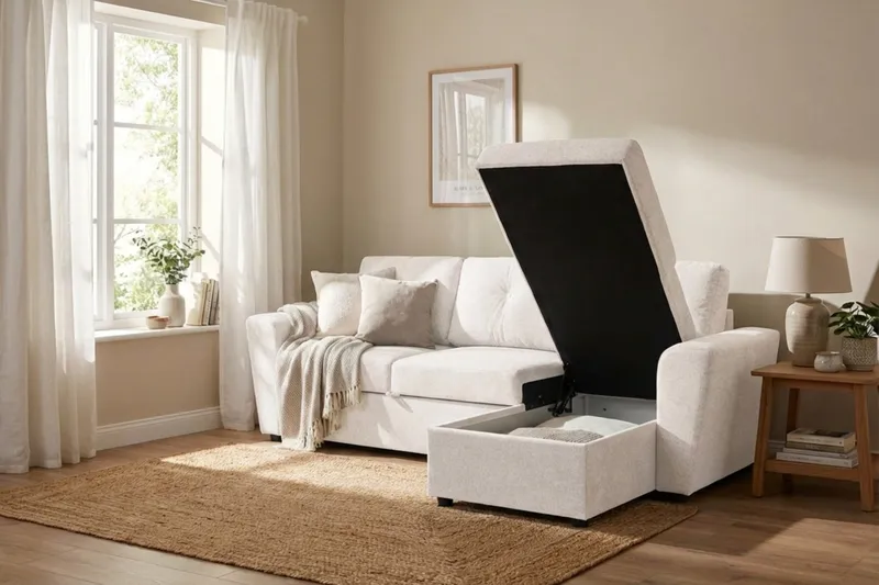 Leia 3-personers vendbar sovesofa med chaiselong og opbevaring - Beige - Møbler - Sofaer - Sovesofaer