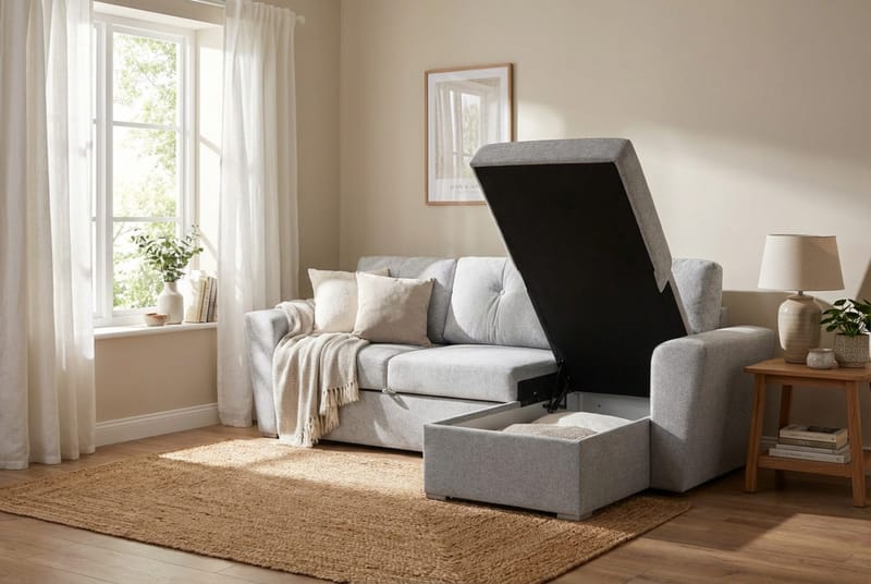 Leia 3-personers vendbar Sovesofa med chaiselong og opbevaring - Beige - Møbler - Sofaer - Sovesofaer