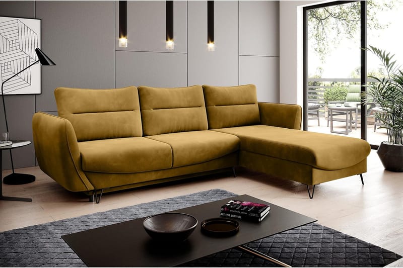 Lence Sovesofa m. Chaiselong Opbevaring - Gul - Møbler - Sofaer - Sovesofaer