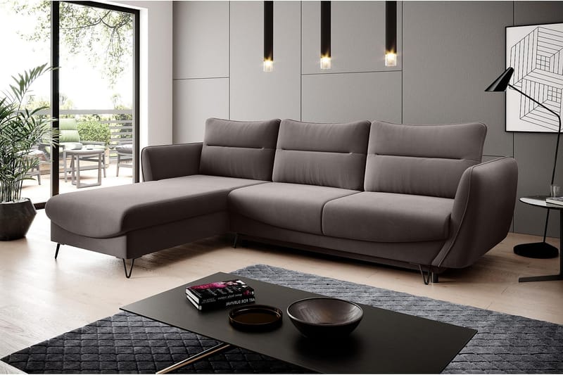 Lence Sovesofa m. Chaiselong Opbevaring - Mørkebeige - Møbler - Sofaer - Sovesofaer
