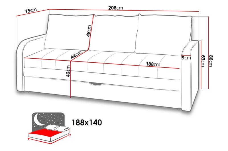 Lido sovesofa 208x75x86 cm - Sovesofaer - Lædersofaer - 3 personers sovesofa - Velour sofaer