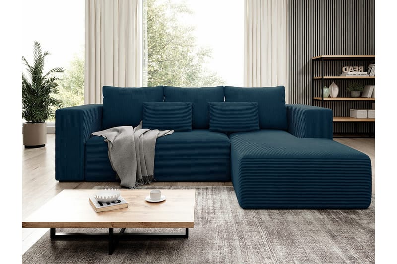 Listowel 3-personers Højre Hjørnesovesofa 121x205 cm med Opbevaring i Fløjlskord - Blå - Møbler - Sofaer - Sovesofaer