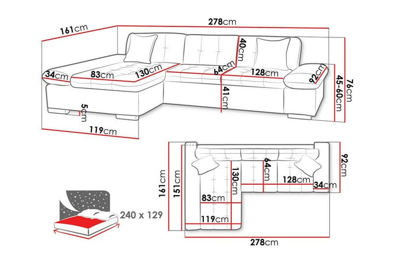 Lomux 3-sits Hörnbäddsoffa Ljusgrå - Møbler - Sofaer - Sovesofaer