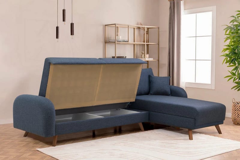 Malkiat 4-personers Højre L-formet Hjørnesovesofa 125x260 cm med Opbevaring i Stof - Blå - Møbler - Sofaer - Sovesofaer