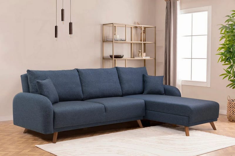 Malkiat 4-personers Højre L-formet Hjørnesovesofa 125x260 cm med Opbevaring i Stof - Blå - Møbler - Sofaer - Sovesofaer