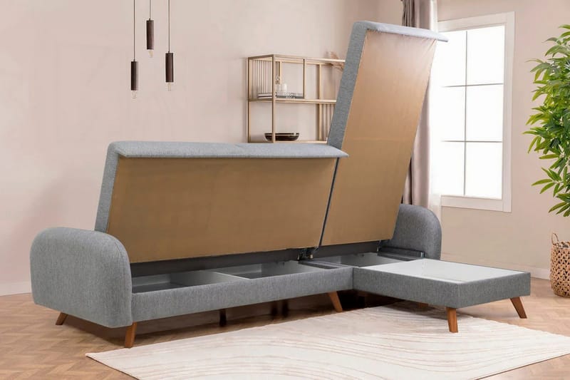 Malkiat 4-personers Højre L-formet Hjørnesovesofa 125x260 cm med Opbevaring i Stof - Grå - Møbler - Sofaer - Sovesofaer