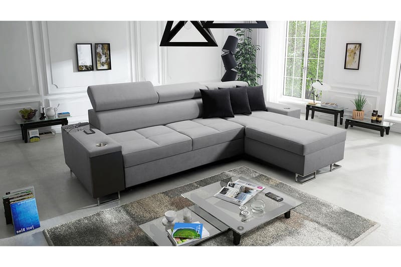 Morenia Længesovende L-hjørnesovesofa 4-sæder med Opbevaring i Velour Højre - Grå - Møbler - Sofaer - Sovesofaer