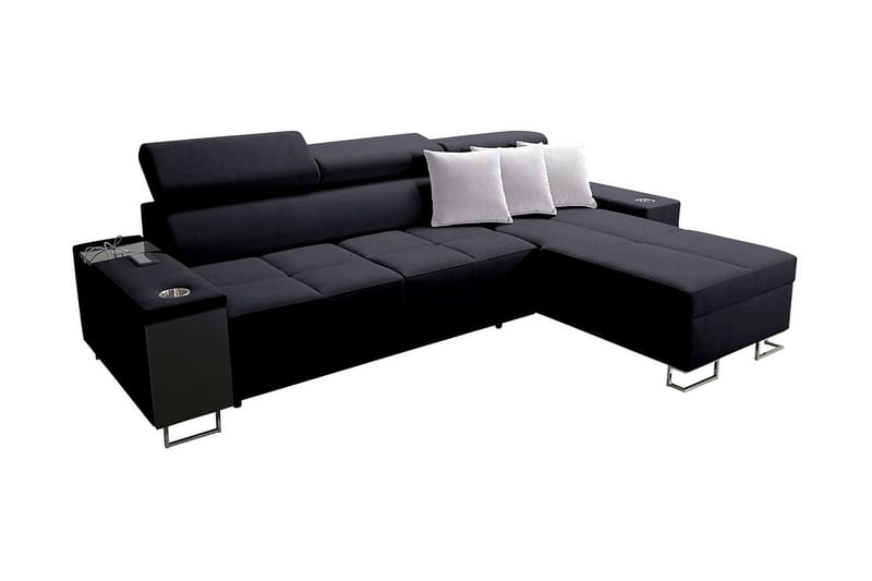 Morenia Langsgående L-sovesofa 4-sæder med Opbevaring i Velour, Højre, Sort