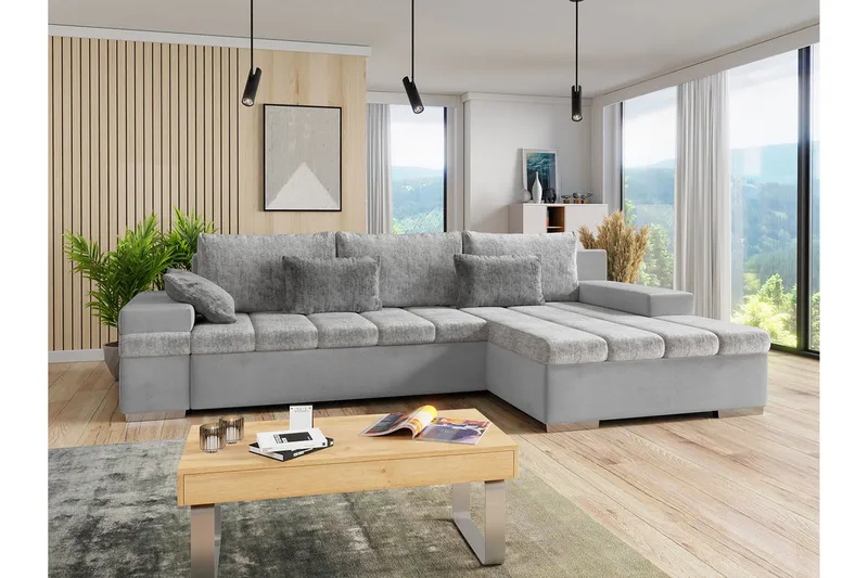 Naoma 3-Pers. Sovesofa med Chaiselong L-formet Højre m Opbev - Velour/Grå - Møbler - Sofaer - Sovesofaer