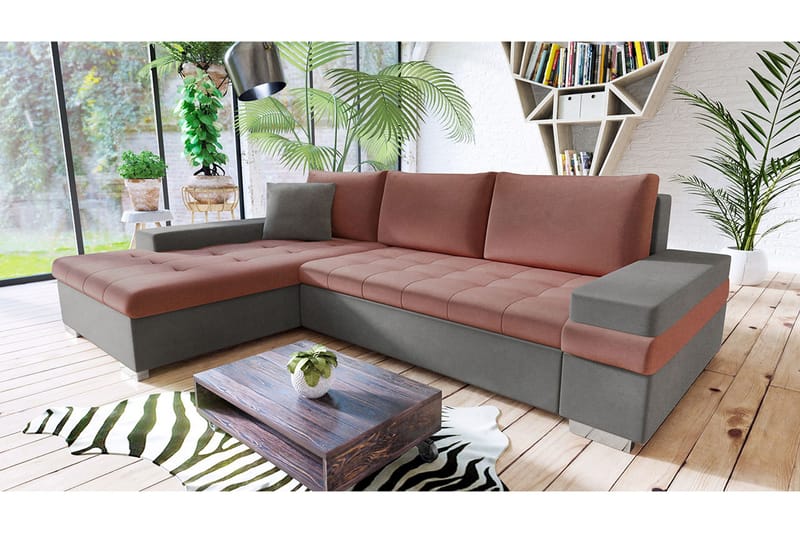 Naoma Hjørnesovesofa Universal 135x216 cm med Opbevaring i Fløjl - Rosa|Grå - Møbler - Sofaer - Sovesofaer