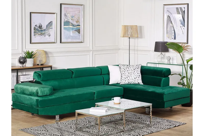 Norreia 5-Pers. Hjørnesovesofa Venstre - Velour/Grøn - Møbler - Sofaer - Sovesofaer