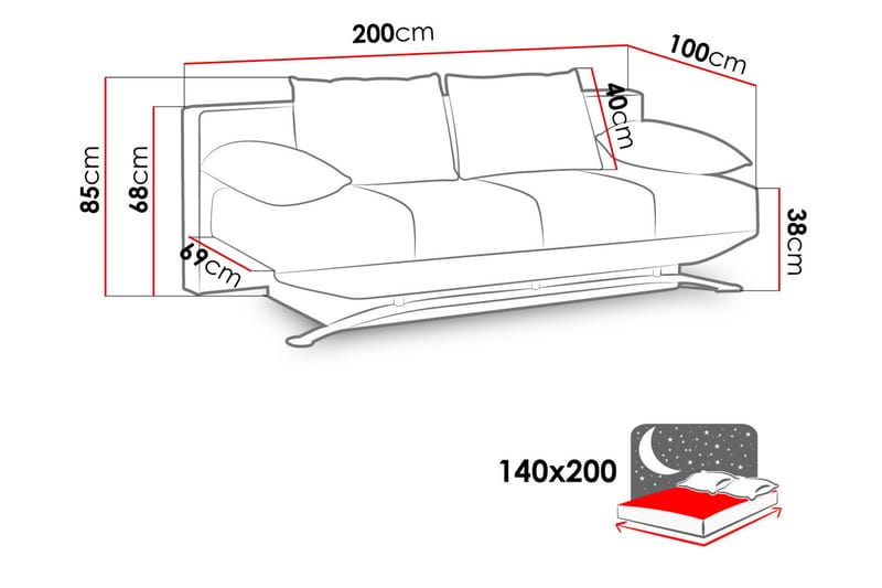 Olier Sovesofa 200x100x85 cm - Sovesofaer - Lædersofaer - 3 personers sovesofa