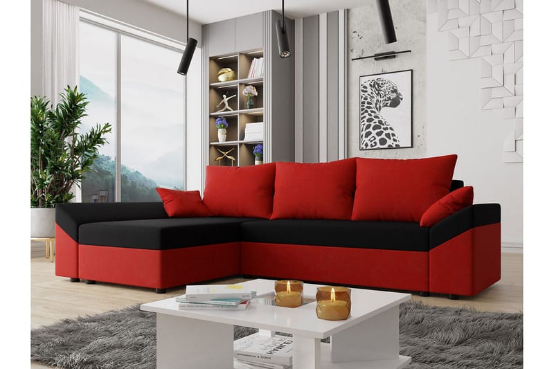 Ovadia 5-personers Sovesofa - Rød / sort - Sovesofaer - Sovesofa chaiselong - Velour sofaer