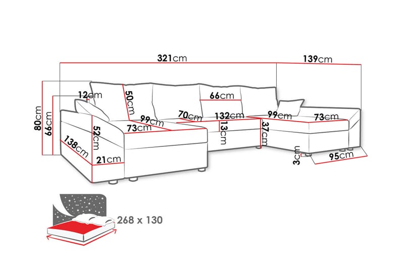 Ovadia 5-Pers. Sovesofa - Rød/Sort - Sovesofaer - Sovesofa chaiselong - Velour sofaer