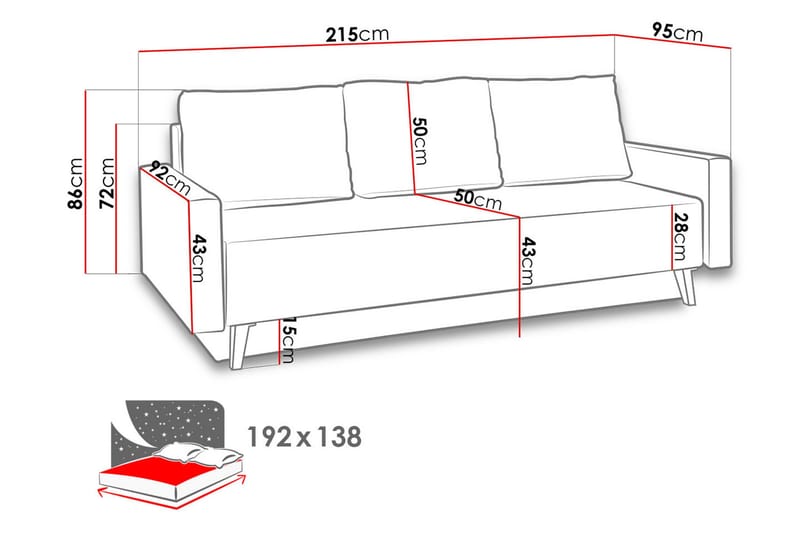 Oviedo 3-personers Sovesofa med Opbevaring 95x215 cm i Stof - Grå - Møbler - Sofaer - Sovesofaer
