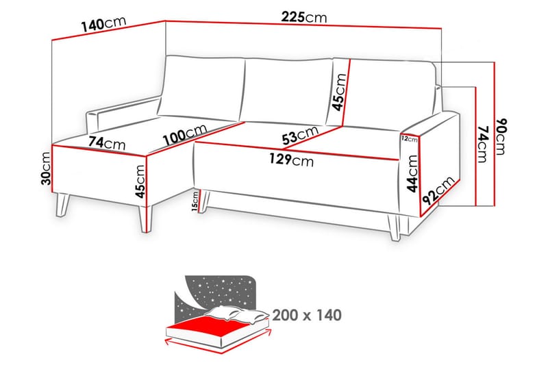 Oviedo Sovesofa med diva 225x140x88 cm - Møbler - Sofaer - Sovesofaer