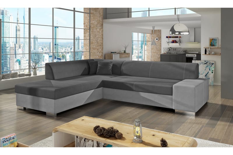 Pavones Venstrevendt L-formet Sovesofa 135x210 cm med Opbevaring i Stof, Grå