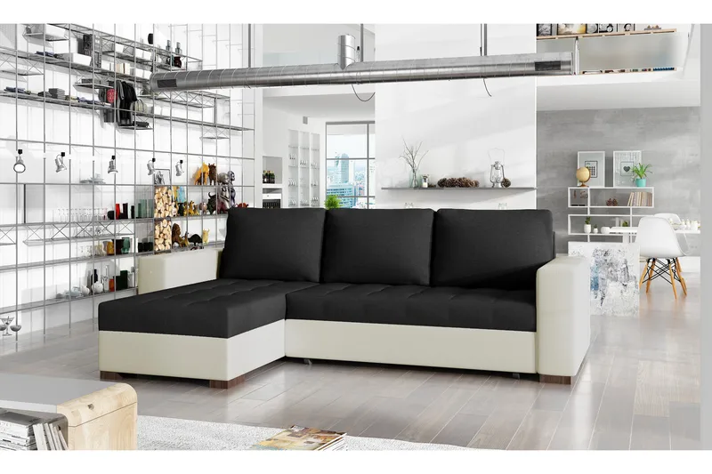 Potes 3-personers Venstre L-formet Sovesofa med Chaiselong i Stof og Kunstlæder, Beige|Sort