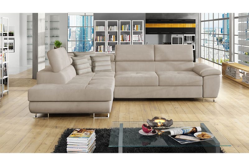 Reginia 4-personers Venstrevendt Sovesofa 125x195 cm med Opbevaring i Fløjl - Beige - Møbler - Sofaer - Sovesofaer