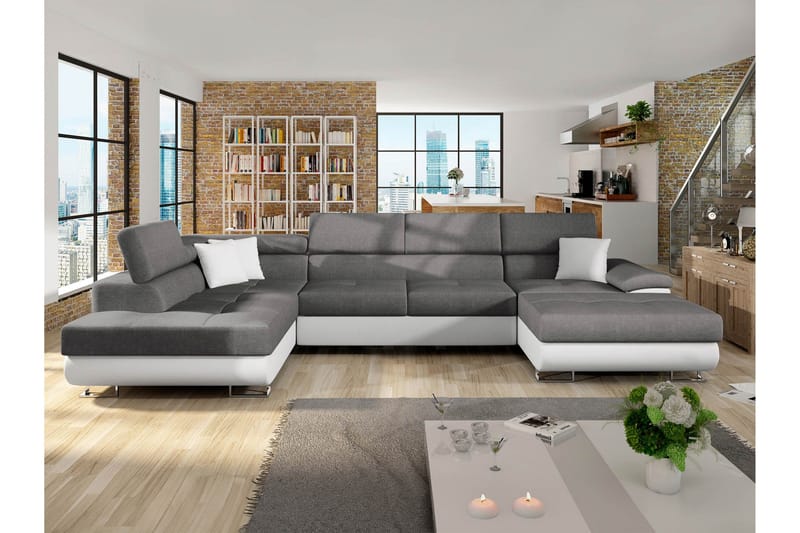 Reginia Sovesofa med Chaiselong og Dobbelt Chaiselong 4-personers i Kunstlæder - Hvid / Grå - Møbler - Sofaer - Sovesofaer