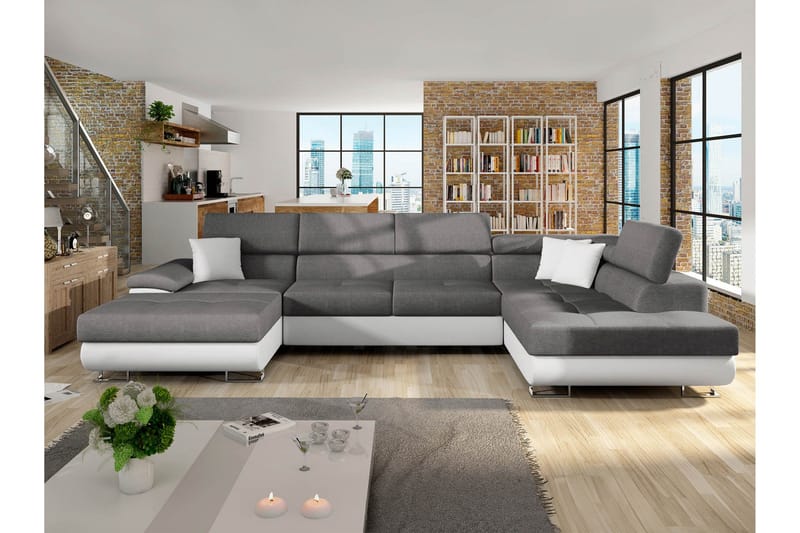 Reginia Sovesofa med Chaiselong og Dobbelt Chaiselong 4-personers i Kunstlæder - Hvid / Grå - Møbler - Sofaer - Sovesofaer