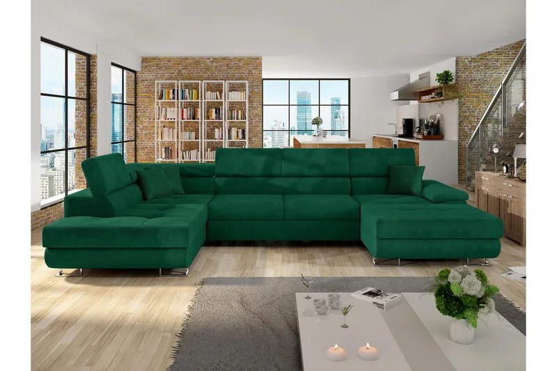 Reginia Sovesofa Med Divan Og Chaiselong 4-Personers, Grøn