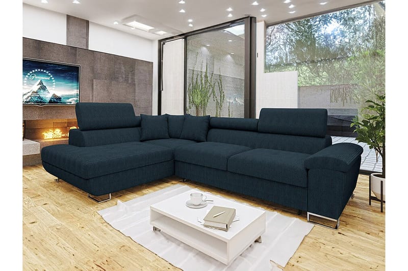 Reginia Venstrevendt Hjørnesovesofa 125x195 cm med Opbevaring i Fløjlskord - Blå - Møbler - Sofaer - Sovesofaer